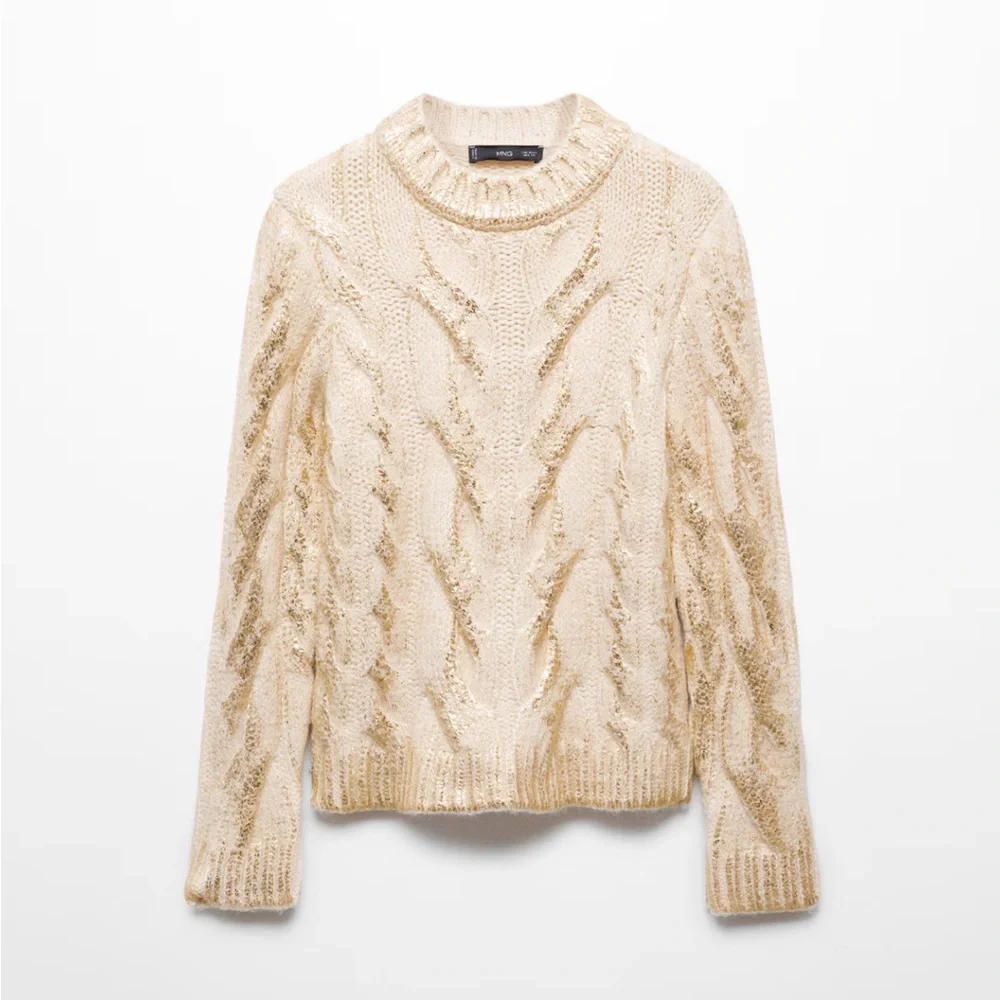 NWT Mango Gold Foil Embellished Crew Neck Cable Knit Sweater M - Picture 2 of 8